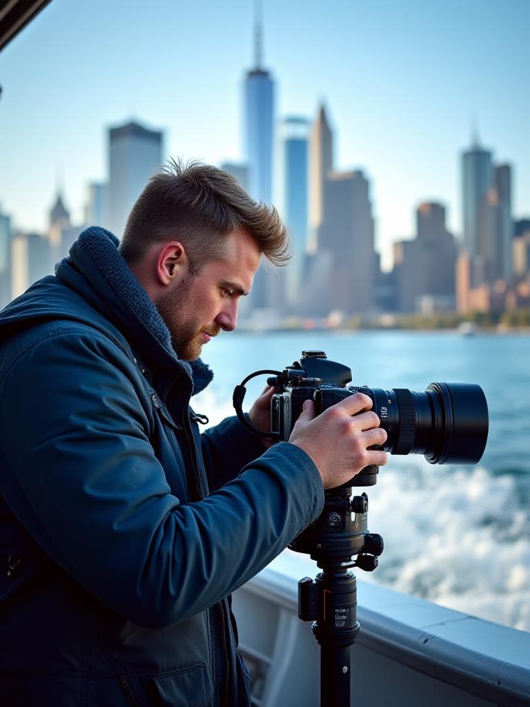 Professional photographer adjusting lens on a moving boat with the New York skyline in background