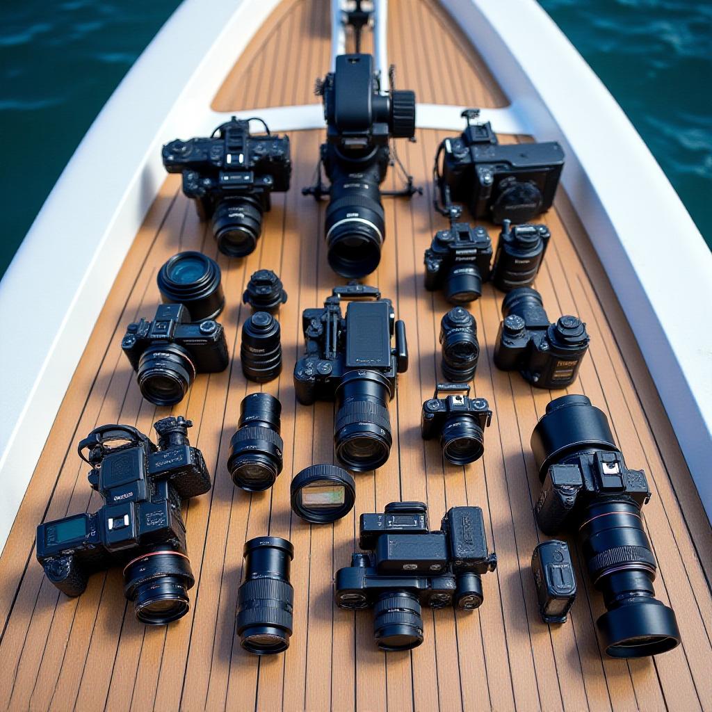 Professional camera gear laid out neatly on a clean boat deck for a shoot