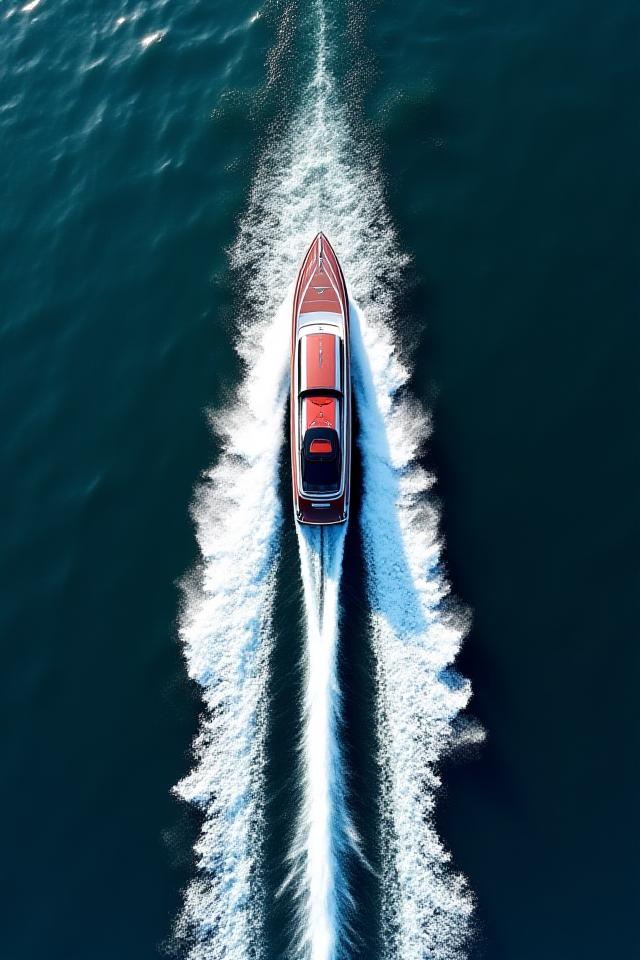Stunning top-down drone shot of a speedboat leaving a perfect wake
