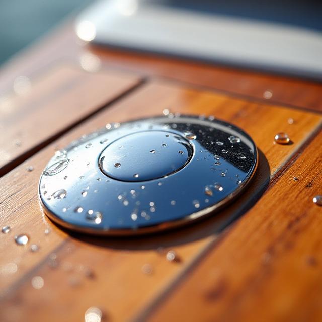Intricate close-up of polished teak decking and gleaming chrome fitting
