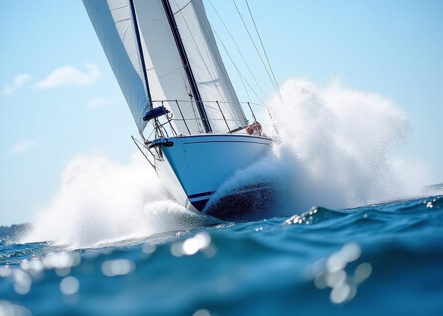 High-speed regatta sailboat slicing through waves, spraying water