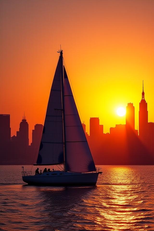 Sailboat against iconic NYC skyline at sunset, sails glowing orange