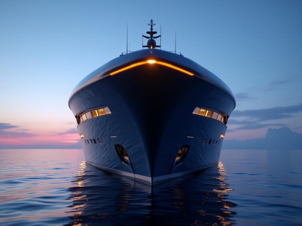 Majestic superyacht bow illuminated against a twilight sky