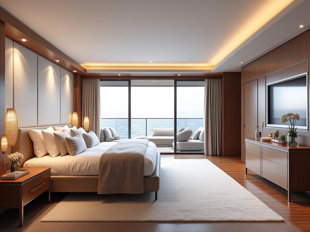 Spacious and elegantly appointed master cabin of a luxury yacht