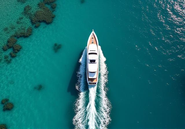 Drone view of a yacht cruising on crystal clear water