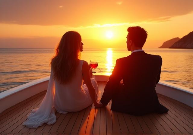 Elegant couple enjoying a sunset on a boat deck