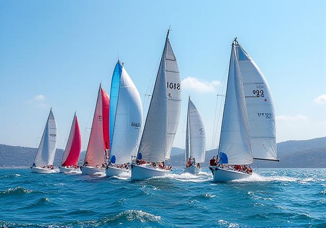 Racing sailboats at a regatta with full sails